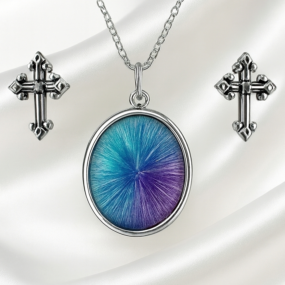 Silver Pendant Necklace with Blue & Purple Accents and Cross Stud Earrings